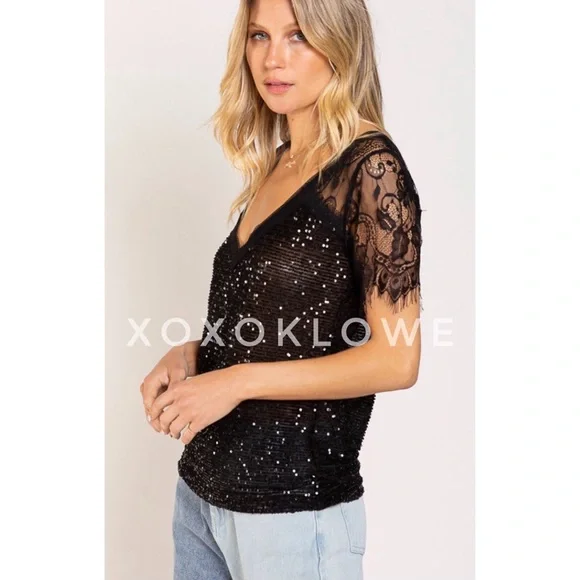 POL Black Sequin V Neck Lace Short Sleeves Sheer Top - Picture 5 of 15